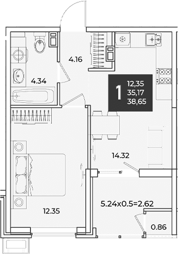 Продается 1-комн. квартира, 35.17 м²