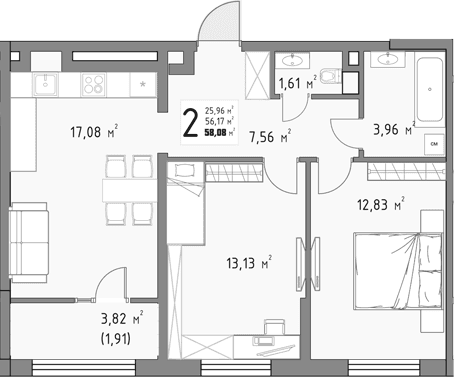 Продается 2-комн. квартира, 56.17 м²