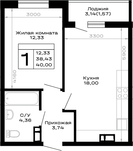 Продается 1-комн. квартира, 38.43 м²