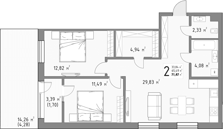 Продается 2-комн. квартира, 65.49 м²