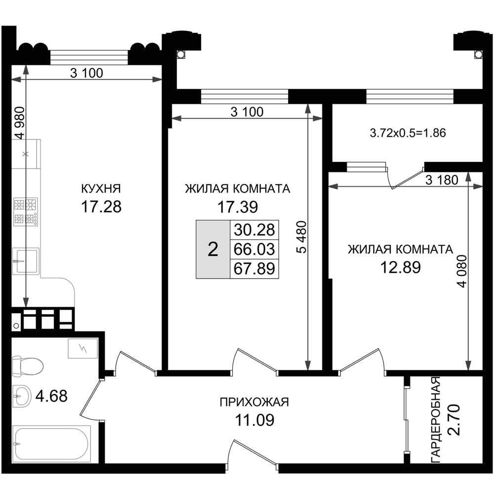 Продается 2-комн. квартира, 66.03 м²