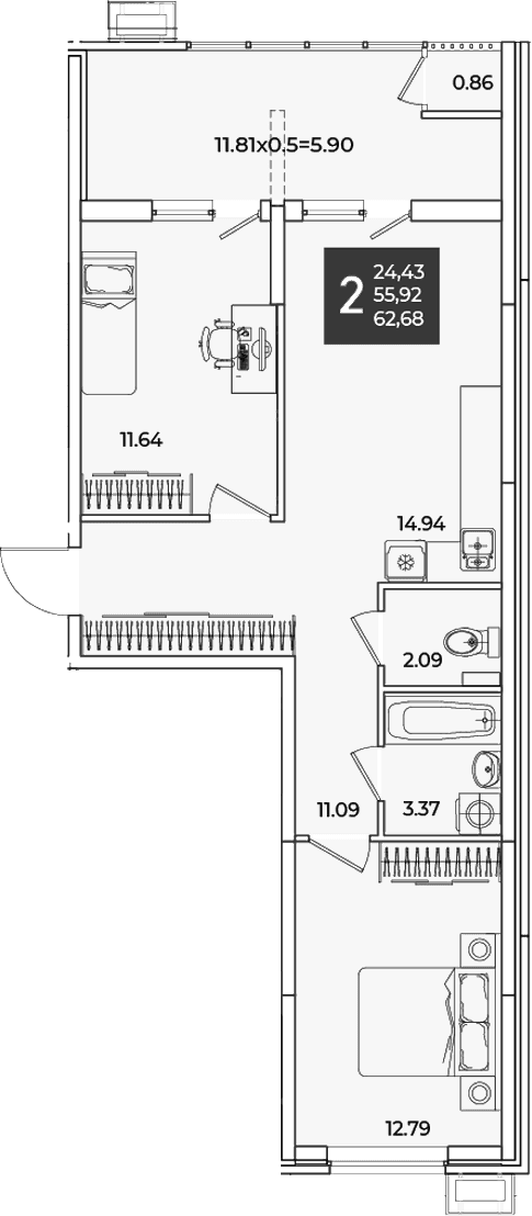 Продается 2-комн. квартира, 55.92 м²