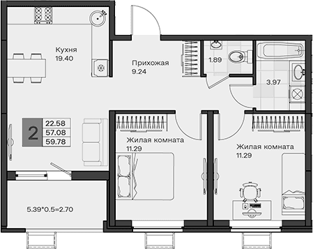 Продается 2-комн. квартира, 57.08 м²
