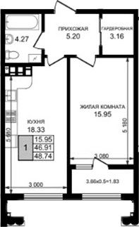 Продается 1-комн. квартира, 46.91 м²