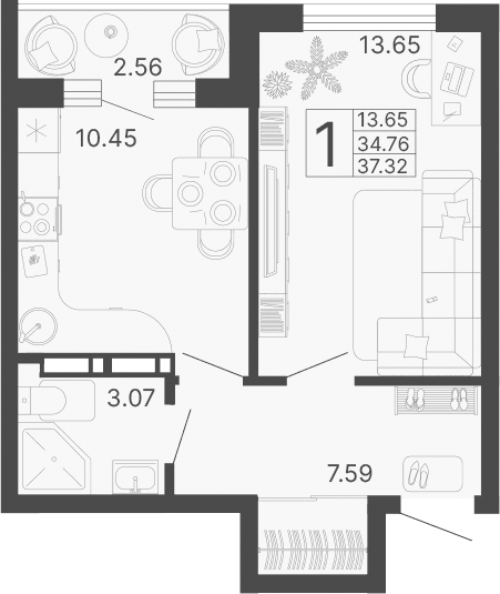 Продается 1-комн. квартира, 34.76 м²