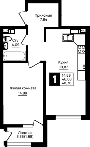 Продается 1-комн. квартира, 46.68 м²