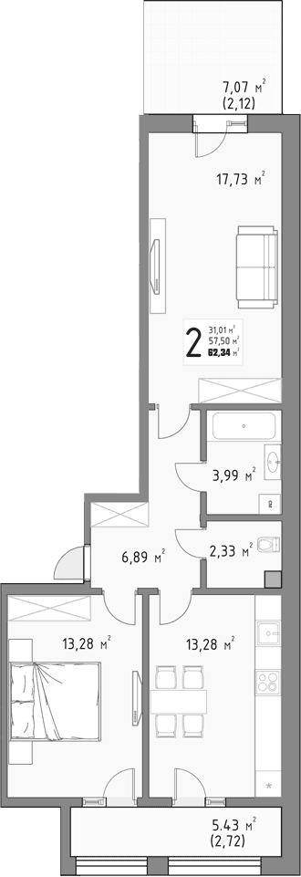Продается 2-комн. квартира, 57.5 м²