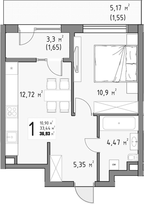 Продается 1-комн. квартира, 33.73 м²