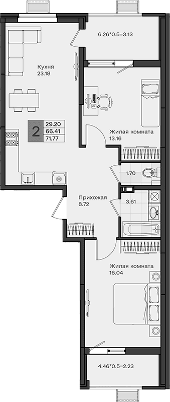 Продается 2-комн. квартира, 66.41 м²
