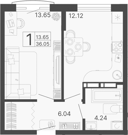Продается 1-комн. квартира, 36.05 м²