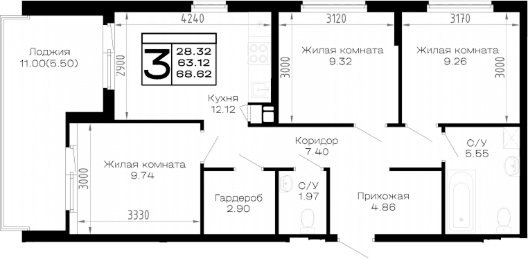 Продается 3-комн. квартира, 63.12 м²