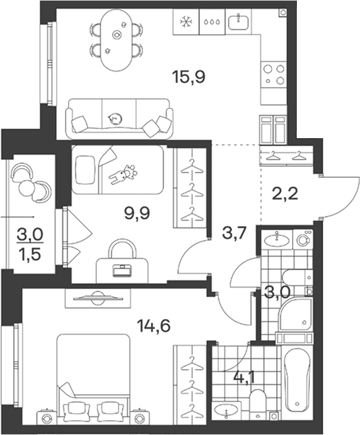 Продается 3-комн. квартира, 53.4 м²