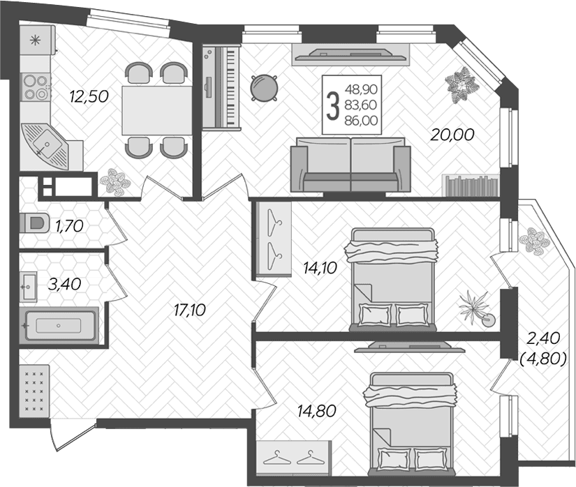 Продается 3-комн. квартира, 83.6 м²