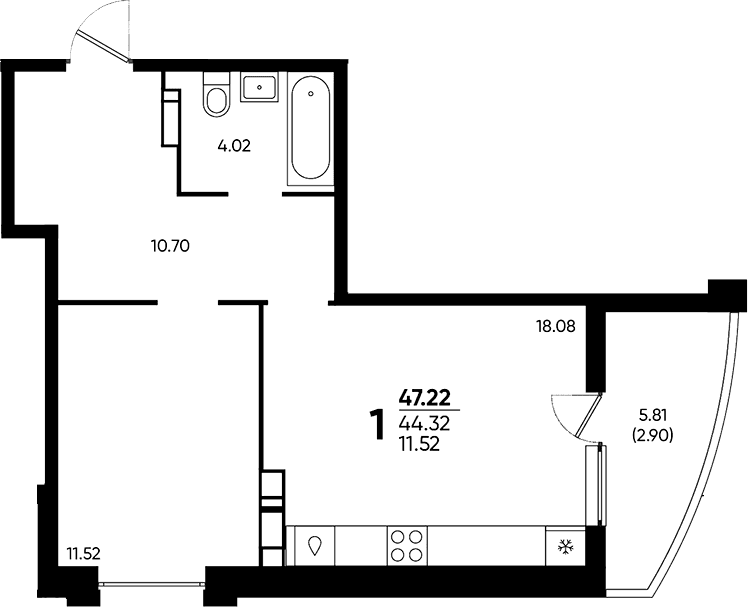 Продается 1-комн. квартира, 44.32 м²