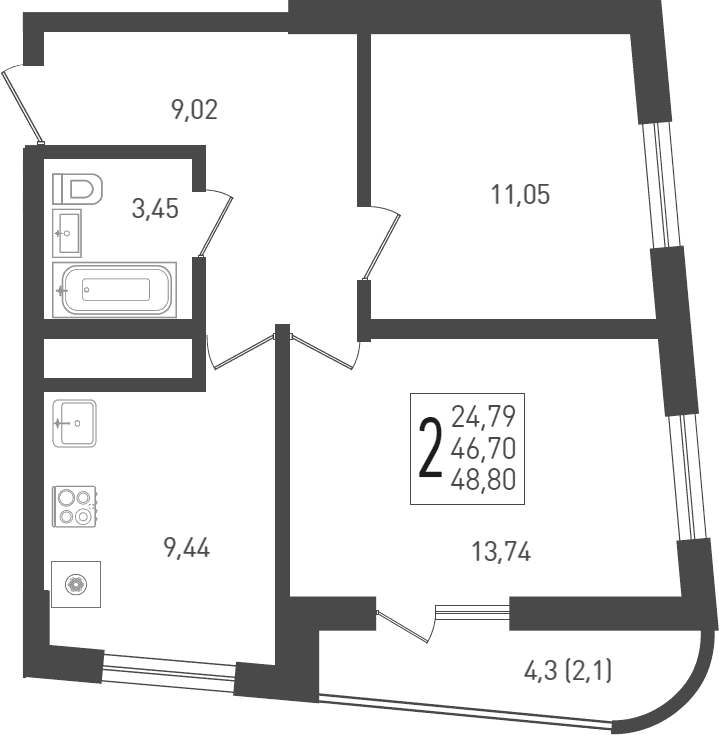Продается 2-комн. квартира, 48.2 м²