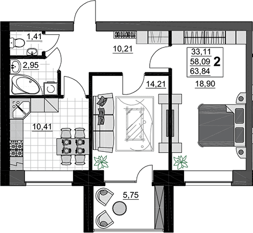 Продается 2-комн. квартира, 58.09 м²