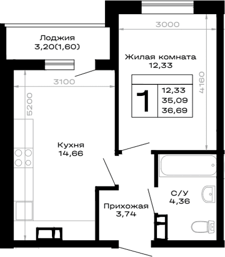 Продается 1-комн. квартира, 35.09 м²