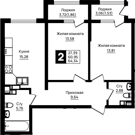Продается 2-комн. квартира, 60.95 м²