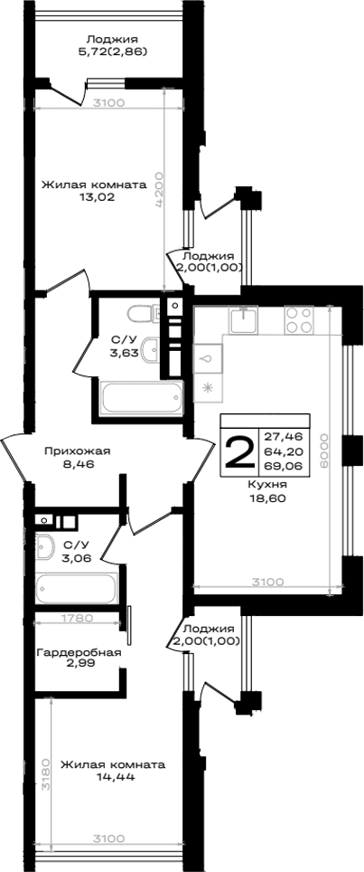 Продается 2-комн. квартира, 65.2 м²