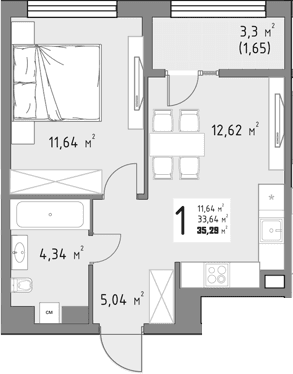 Продается 1-комн. квартира, 33.64 м²