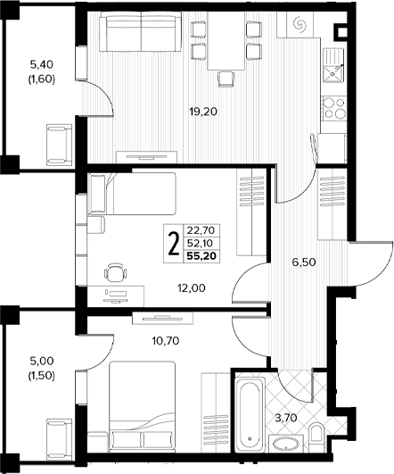 Продается 2-комн. квартира, 52.1 м²