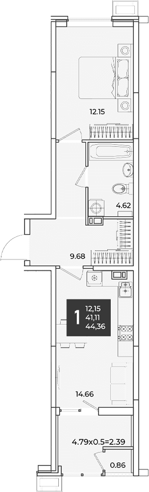Продается 1-комн. квартира, 41.11 м²