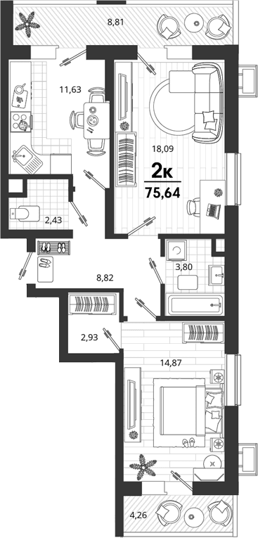 Продается 2-комн. квартира, 62.57 м²