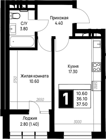Продается 1-комн. квартира, 36.1 м²