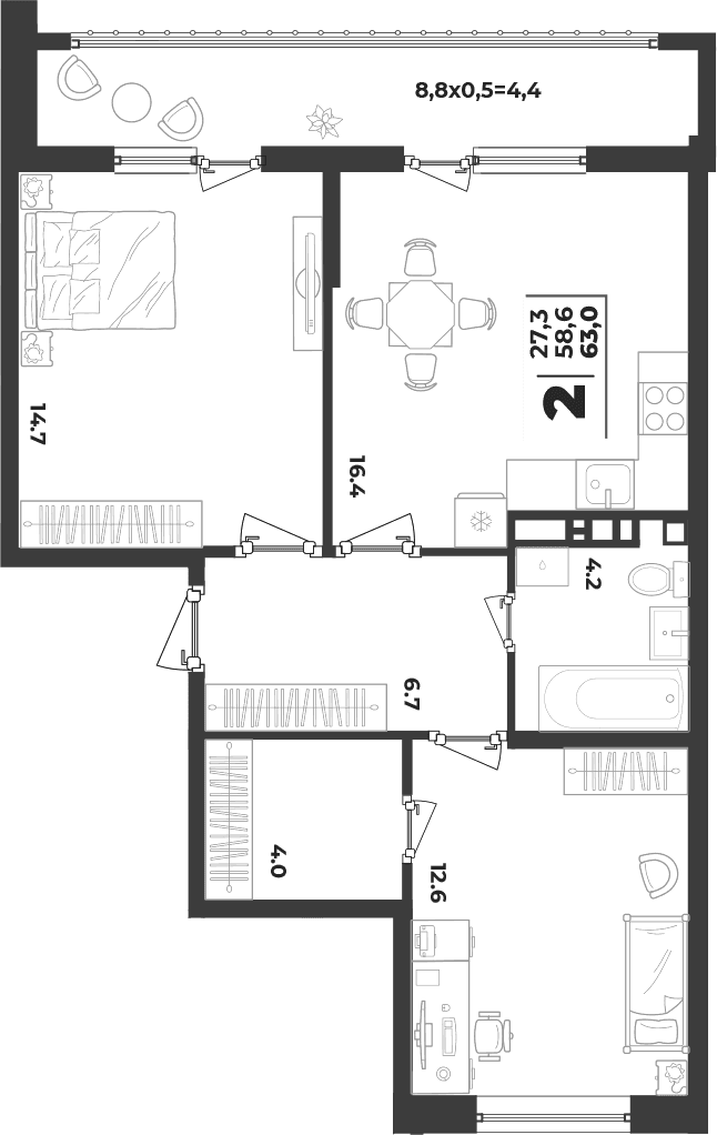Продается 2-комн. квартира, 58.6 м²
