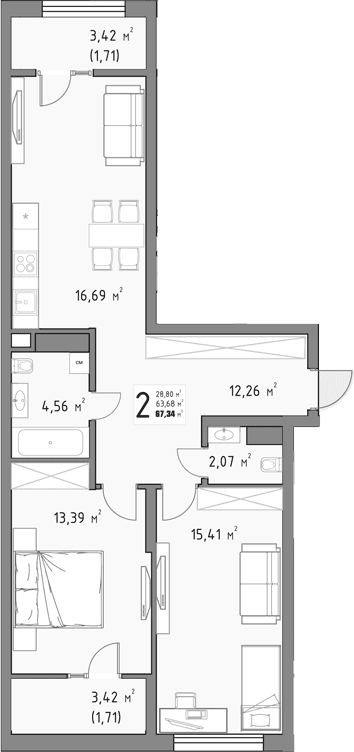 Продается 2-комн. квартира, 63.92 м²