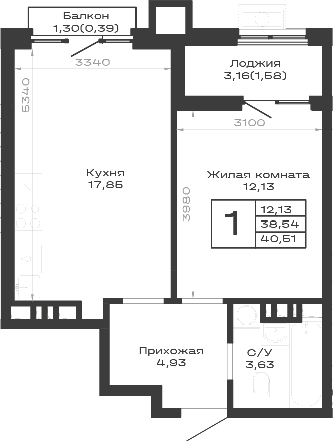 Продается 1-комн. квартира, 38.54 м²