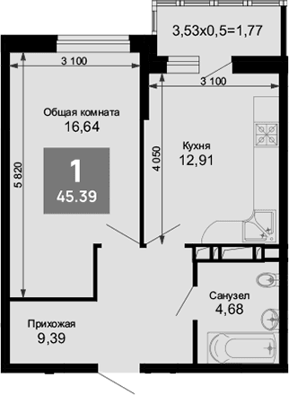 Продается 1-комн. квартира, 43.62 м²