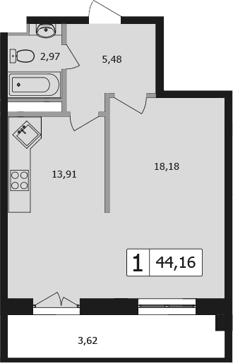 Продается 1-комн. квартира, 40.54 м²
