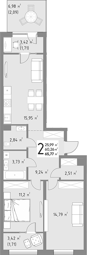 Продается 2-комн. квартира, 60.26 м²