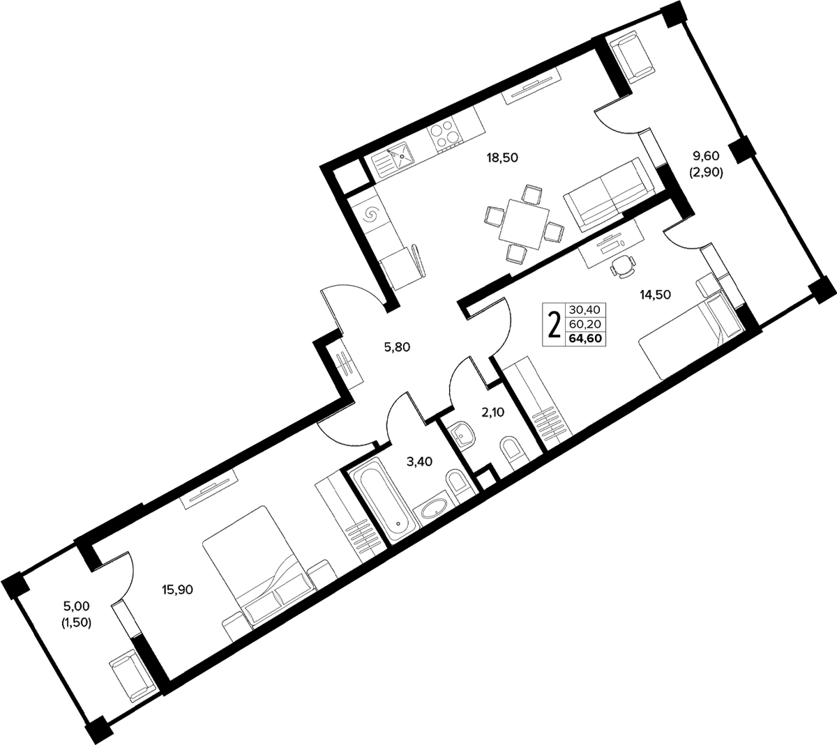 Продается 2-комн. квартира, 60.2 м²