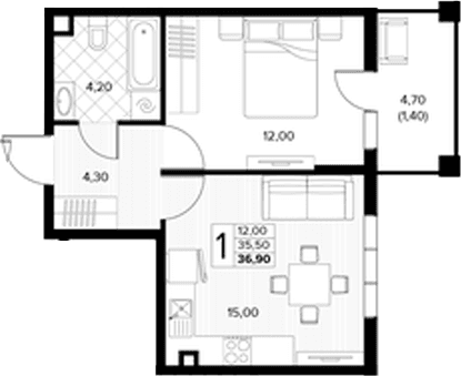 Продается 1-комн. квартира, 35.5 м²