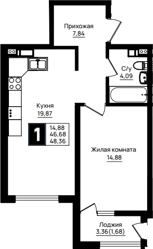 Продается 1-комн. квартира, 46.68 м²