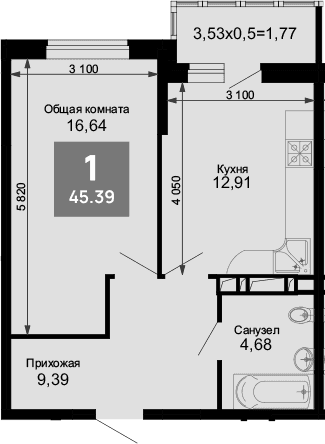 Продается 1-комн. квартира, 43.62 м²