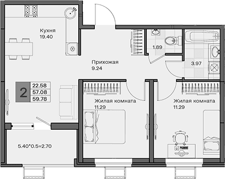 Продается 2-комн. квартира, 57.08 м²