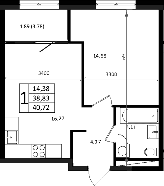 Продается 2-комн. квартира, 40.72 м²