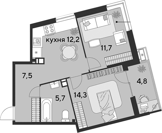 Продается 2-комн. квартира, 51.4 м²