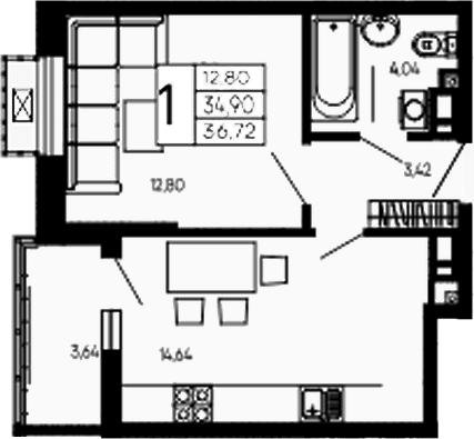 Продается 1-комн. квартира, 34.9 м²