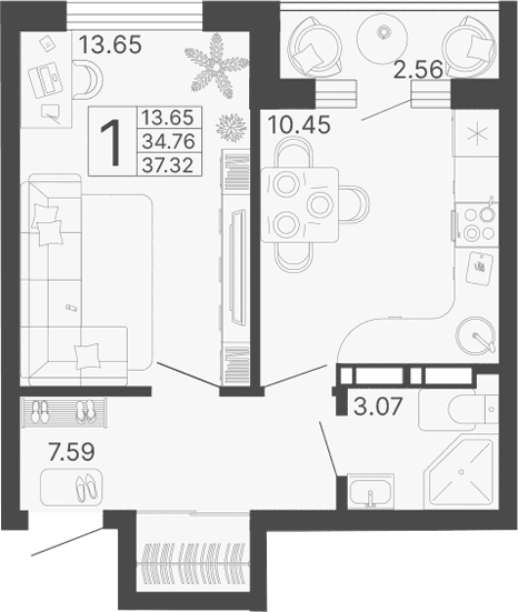 Продается 1-комн. квартира, 34.76 м²