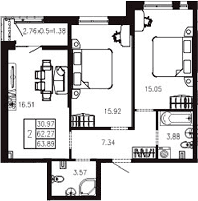 Продается 2-комн. квартира, 62.28 м²