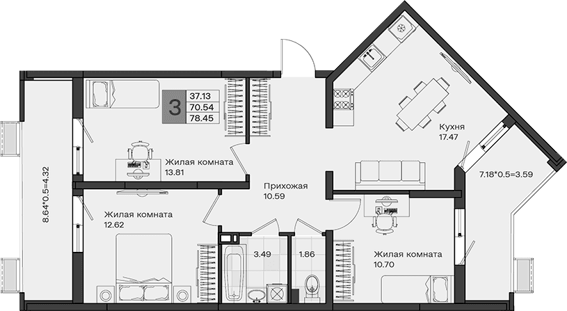 Продается 3-комн. квартира, 70.54 м²