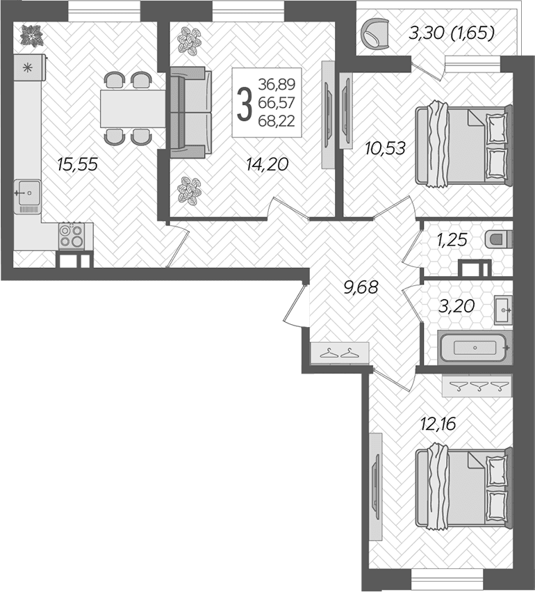 Продается 3-комн. квартира, 66.57 м²