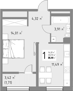 Продается 1-комн. квартира, 33.73 м²