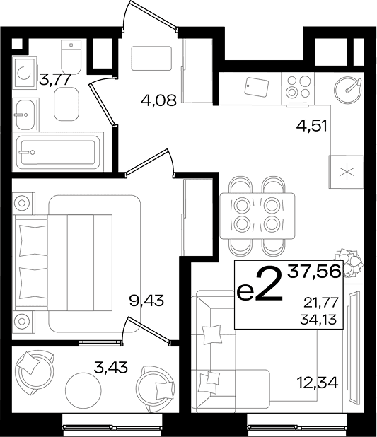 Продается 2-комн. квартира, 34.13 м²