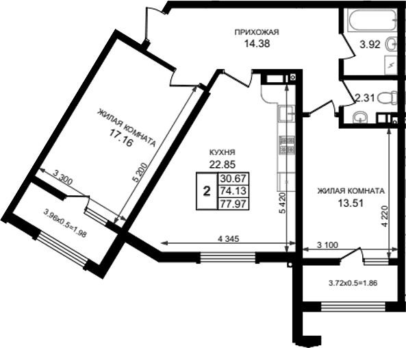 Продается 2-комн. квартира, 74.13 м²