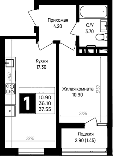 Продается 1-комн. квартира, 36.1 м²